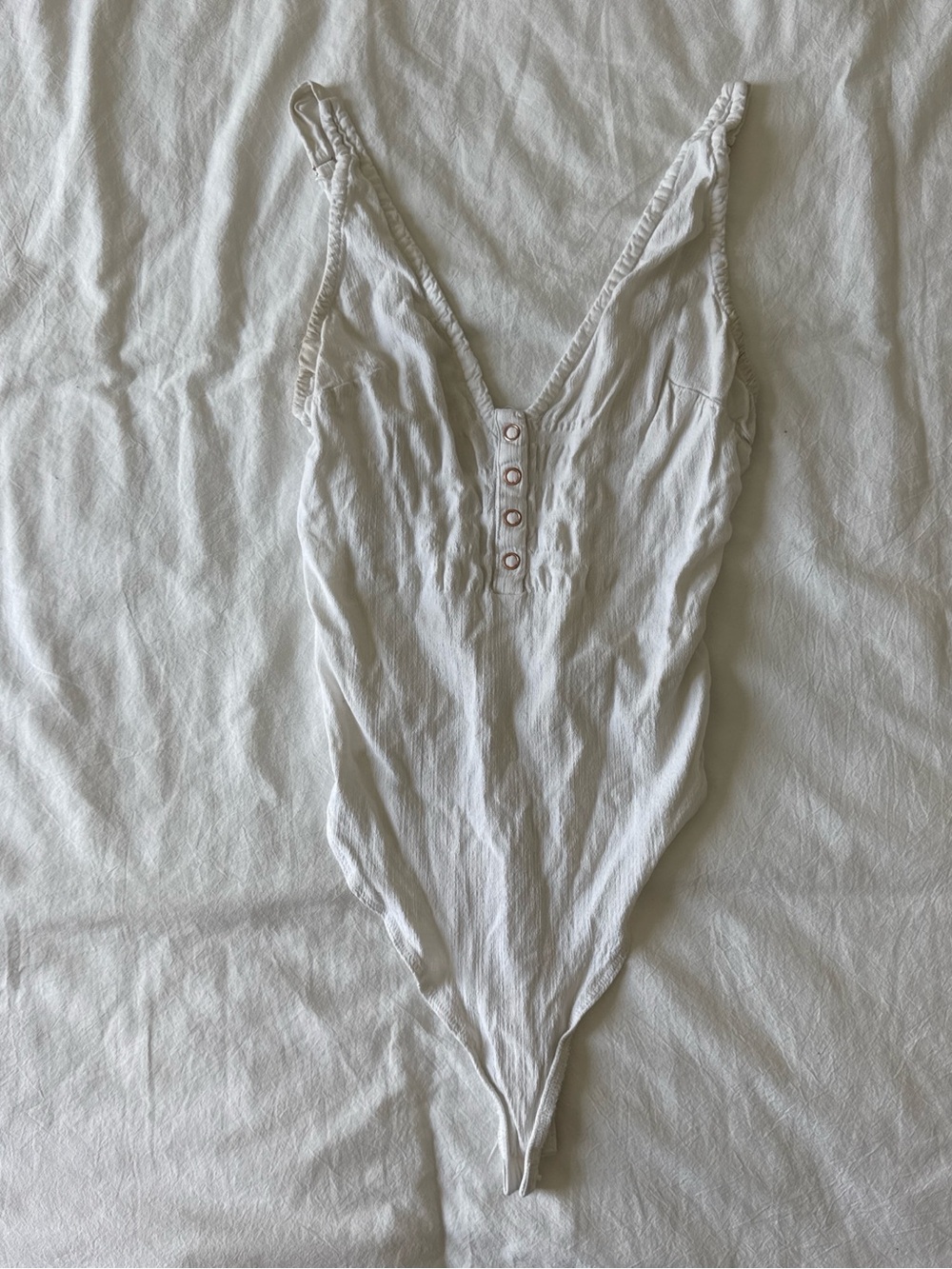 Free People White Ribbed V-Neck Bodysuit with Snap Front